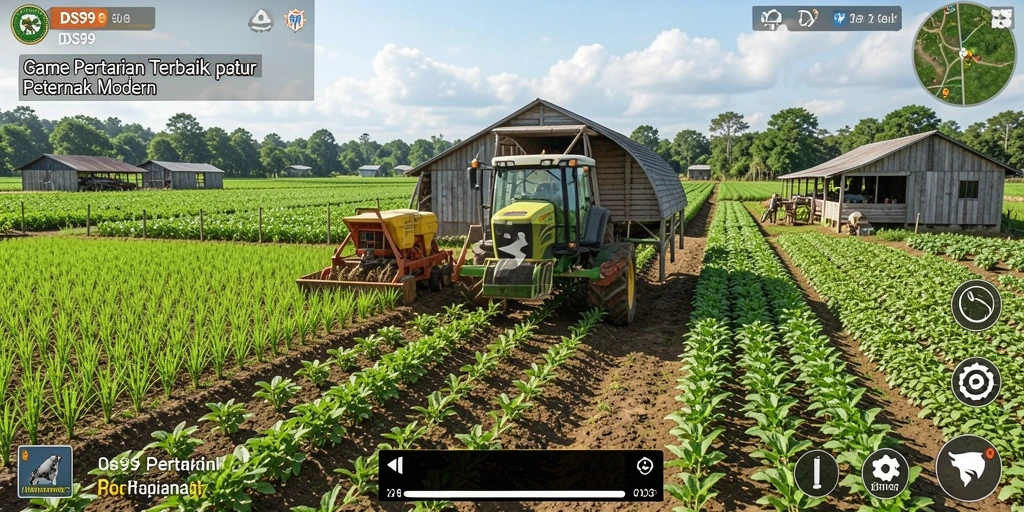 Tampilan screenshot dari gameplay yang menampilkan pertanian yang subur dan aktivitas beternak.