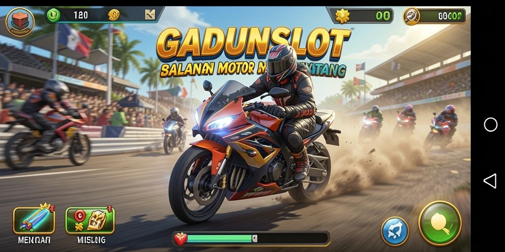 Tampilan gameplay GADUNSLOT yang penuh aksi dalam balapan motor.