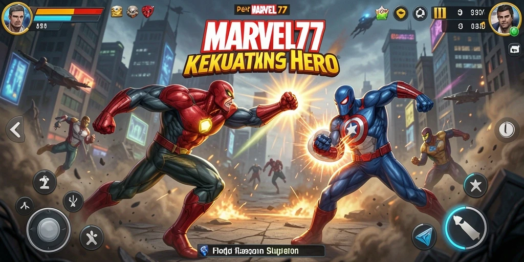 Tampilan gameplay pertarungan epik di MARVEL77 dengan super hero legendaris.