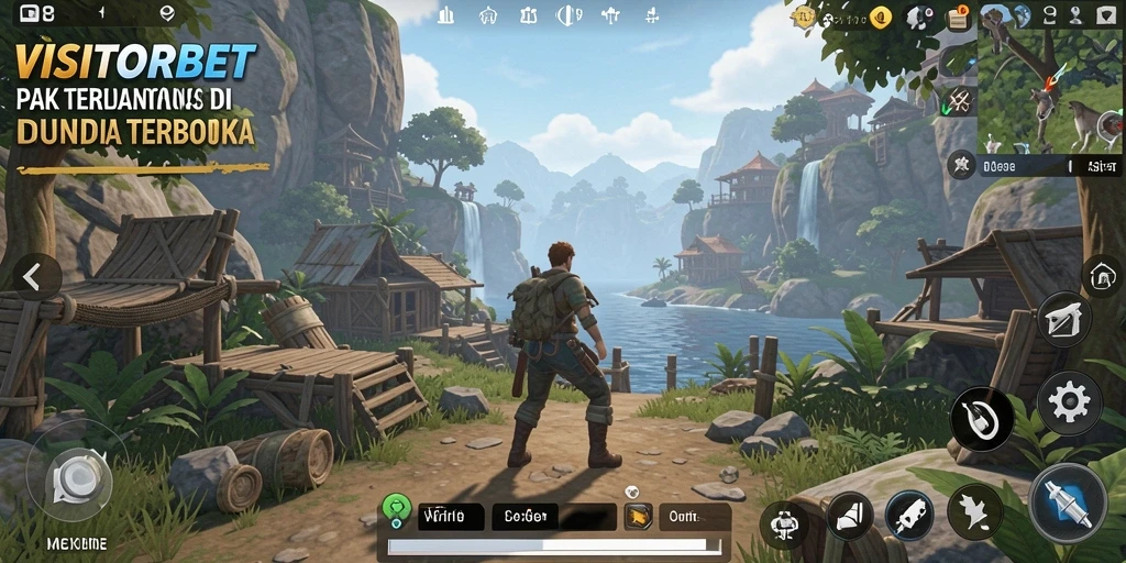 Tangkapan layar gameplay <strong>VISITORBET</strong> menampilkan eksplorasi dunia yang luas dan interaksi dinamis.